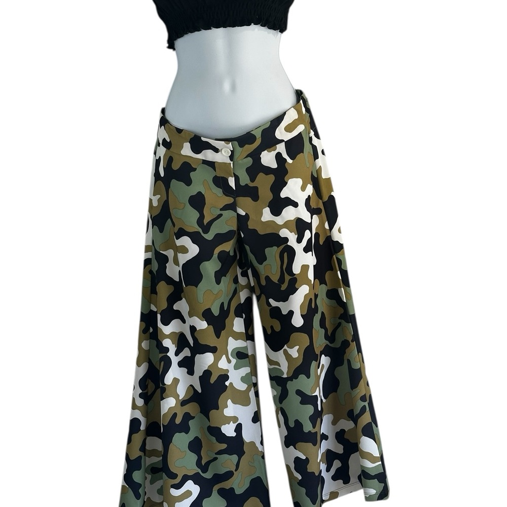 Women's Wide-Leg Camouflage Palazzo Pants - Olive/Black/White Y2K Sz S